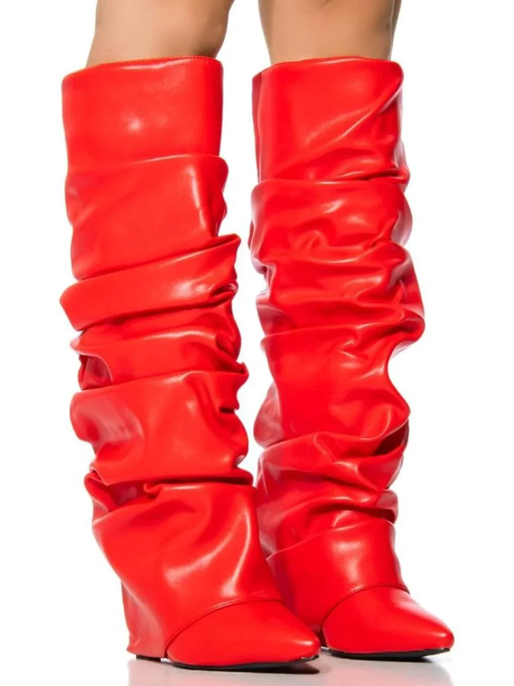 Women's Red Heel Wide Calf Pointed Toe Slouched Fold Over Casual Knee High Boots